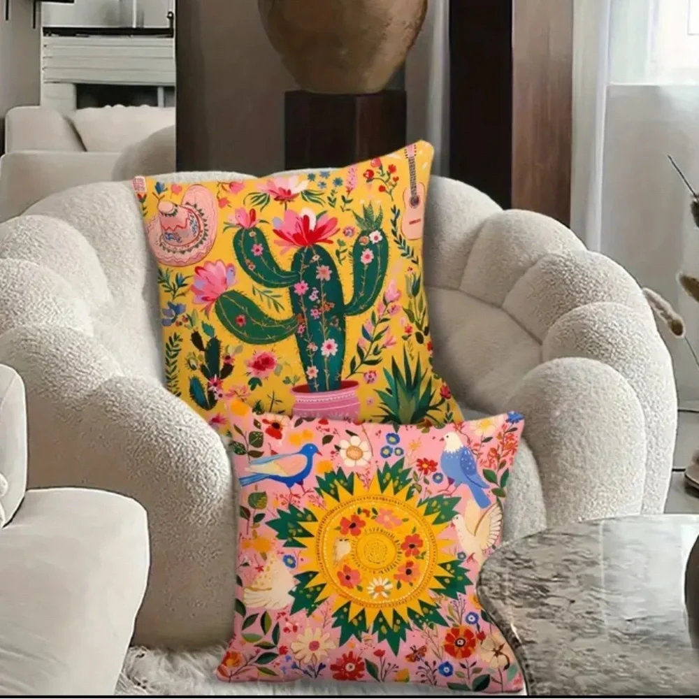Boho Folk Art Pillow Covers Set of 4 Pink Leopard Floral Cactus 16x16